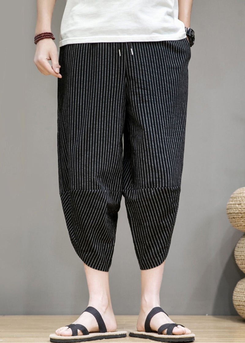 French Black Striped Pockets Cotton Crop Pants Summer