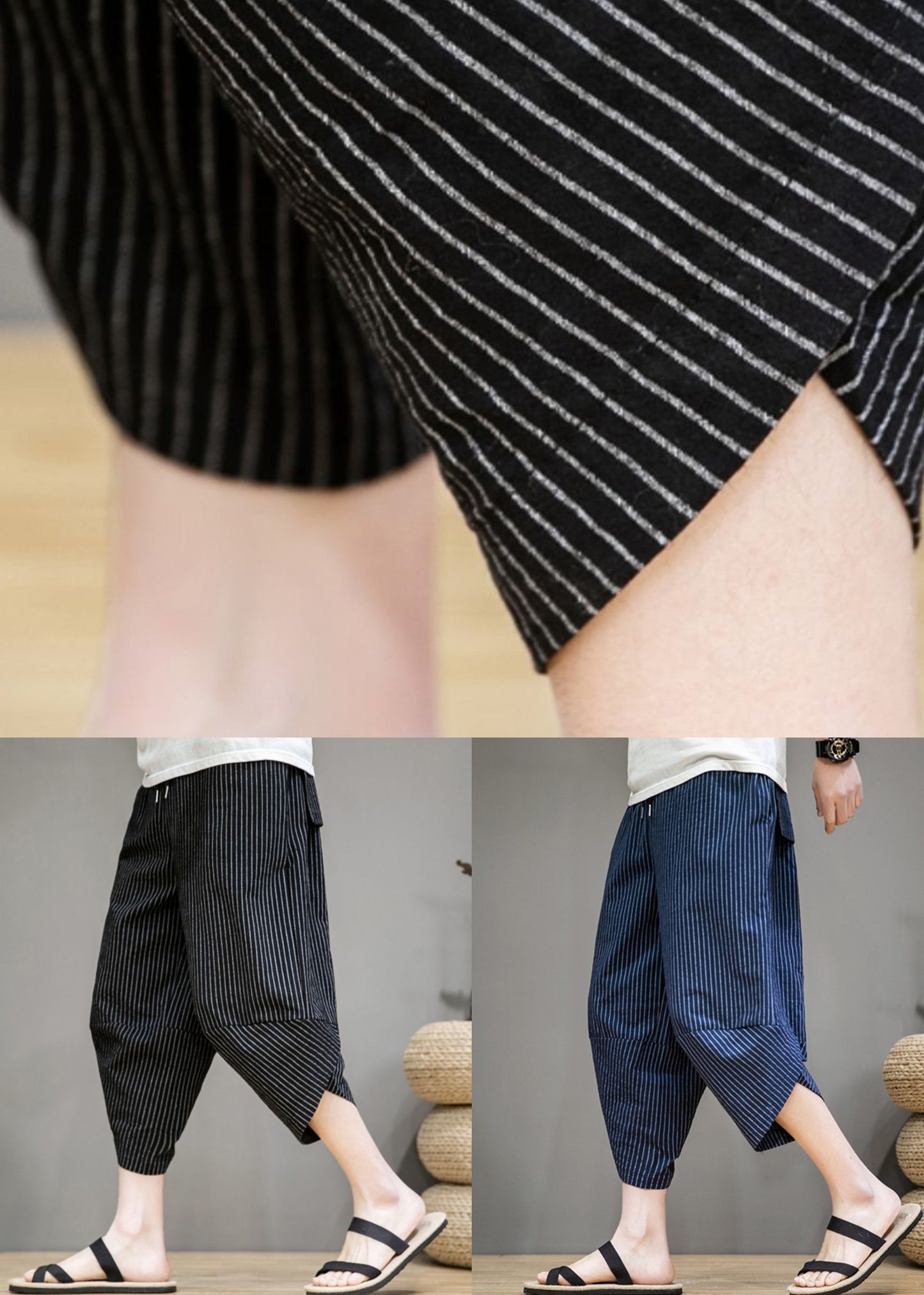 French Black Striped Pockets Cotton Crop Pants Summer