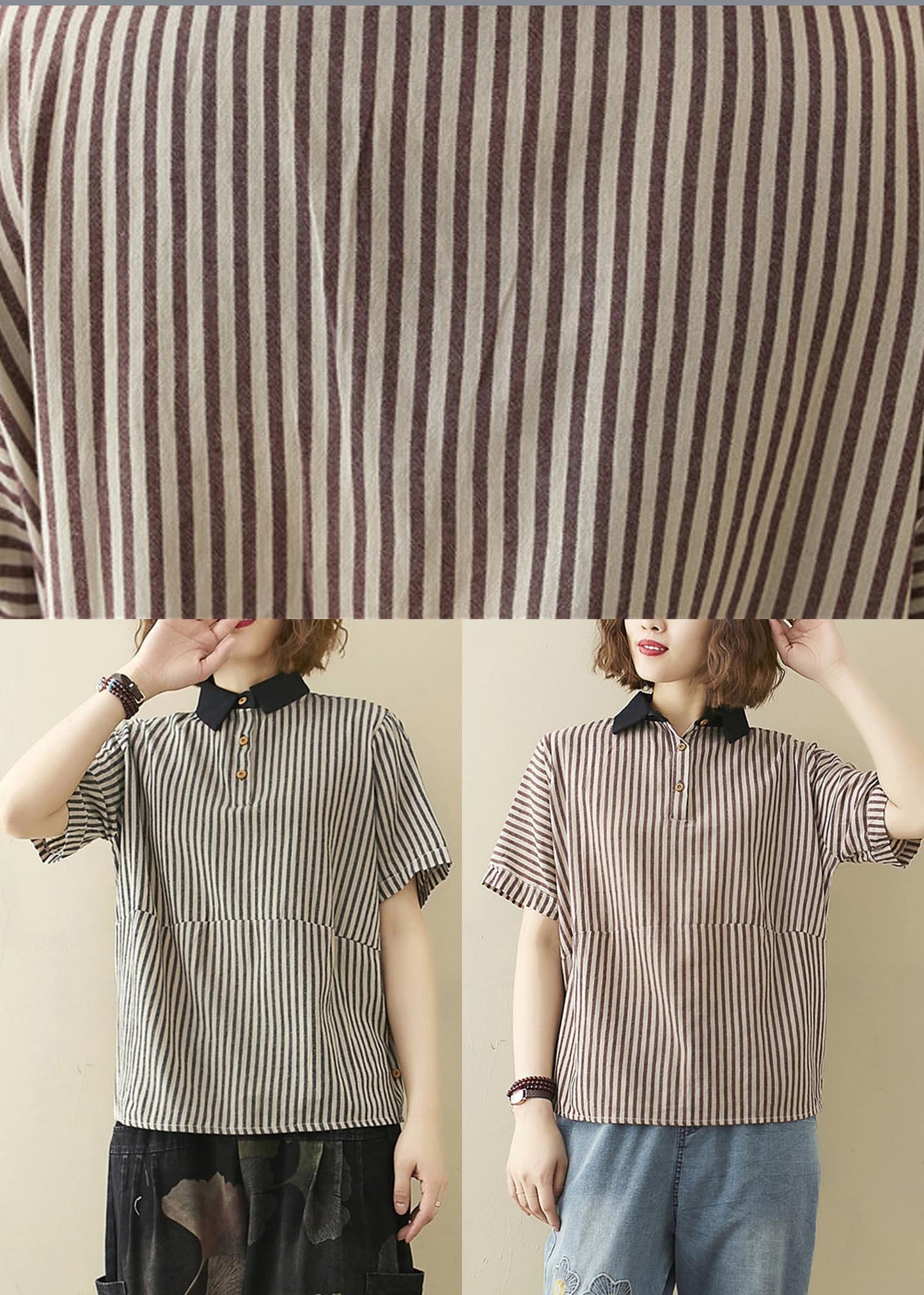 French Black Striped Turn-down Collar Linen Summer Top