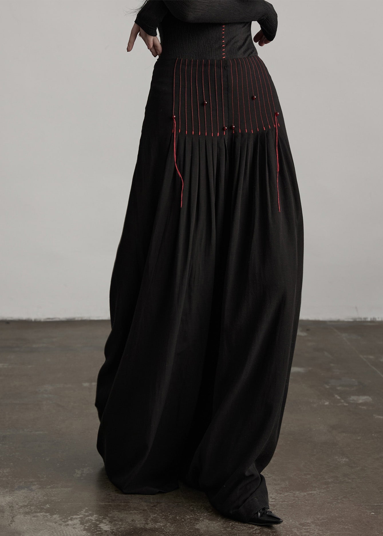 French Black Tasseled Draping Cotton Wide Leg Pants Spring