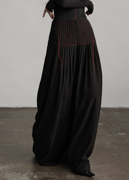 French Black Tasseled Draping Cotton Wide Leg Pants Spring