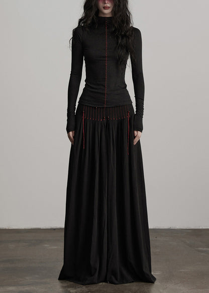 French Black Tasseled Draping Cotton Wide Leg Pants Spring
