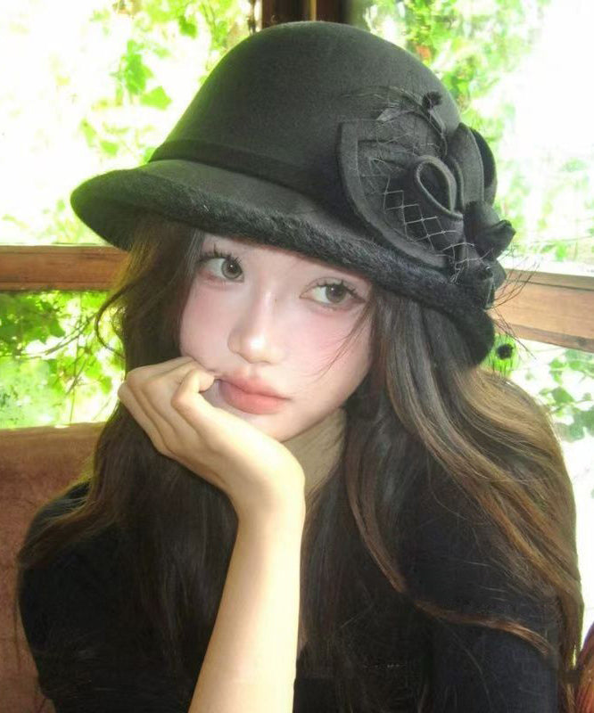 French Black Tulle Woolen Warm Bucket Hat