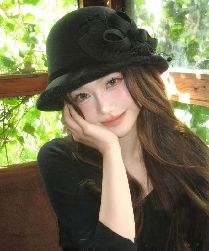 French Black Tulle Woolen Warm Bucket Hat