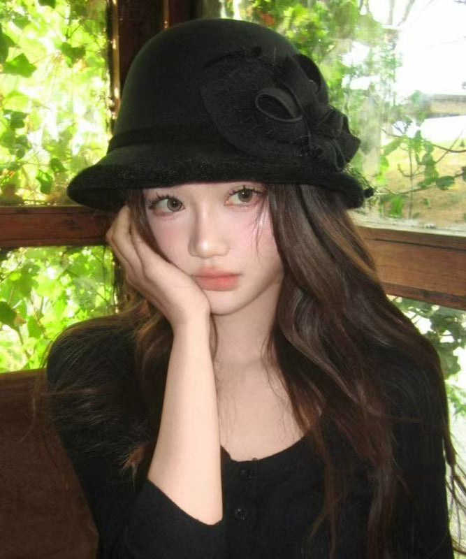French Black Tulle Woolen Warm Bucket Hat