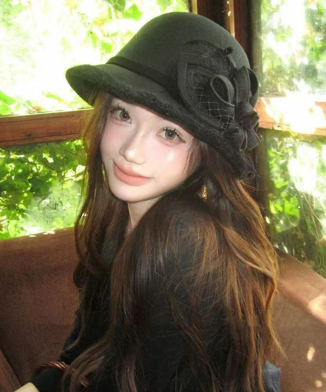 French Black Tulle Woolen Warm Bucket Hat
