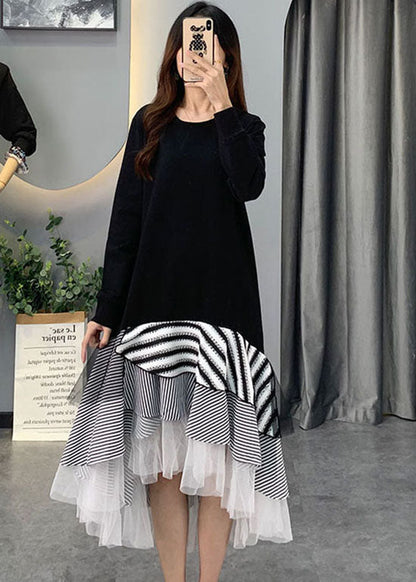 French Black Tulle Striped Patchwork Cotton Dresses Spring