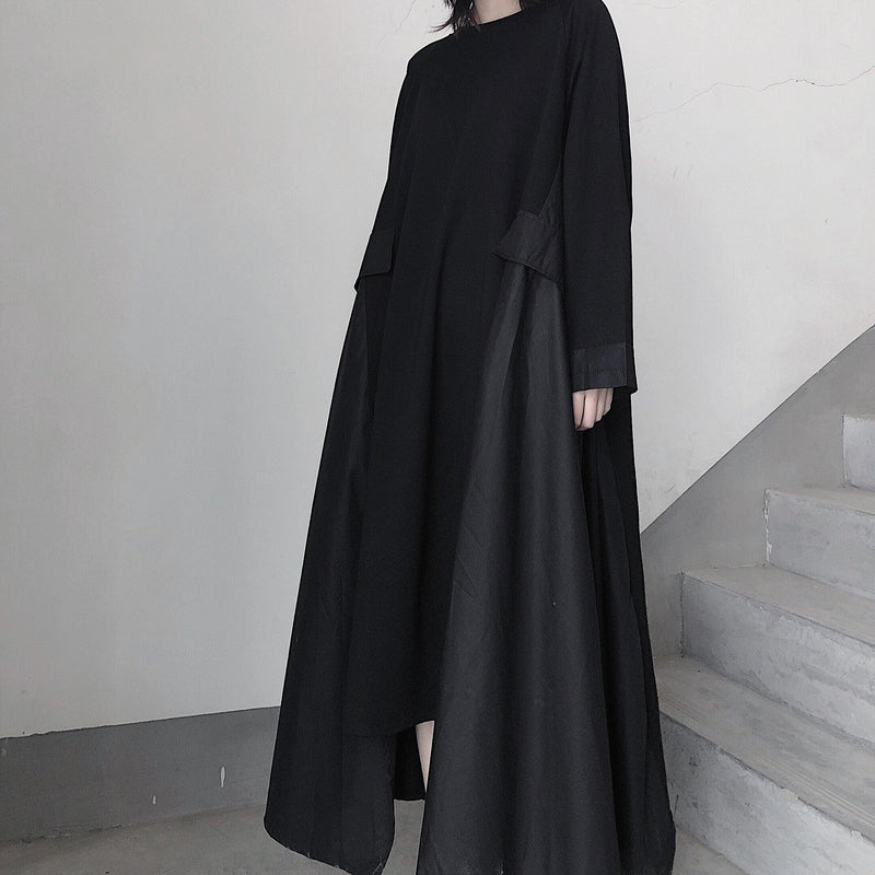 French Black Tunics O Neck Asymmetric a Line Spring Dress