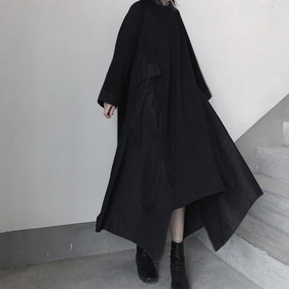 French Black Tunics O Neck Asymmetric a Line Spring Dress