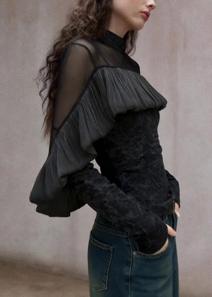 French Black Turtleneck Ruffled Tulle Patchwork T Shirt Spring