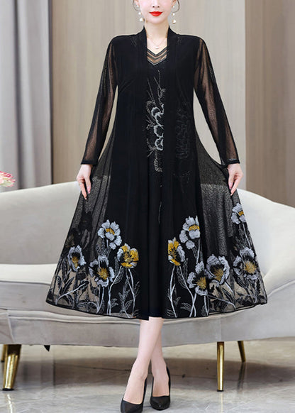 French Black V Neck Embroideried Ice Silk Long Sunscreen Cardigans Summer