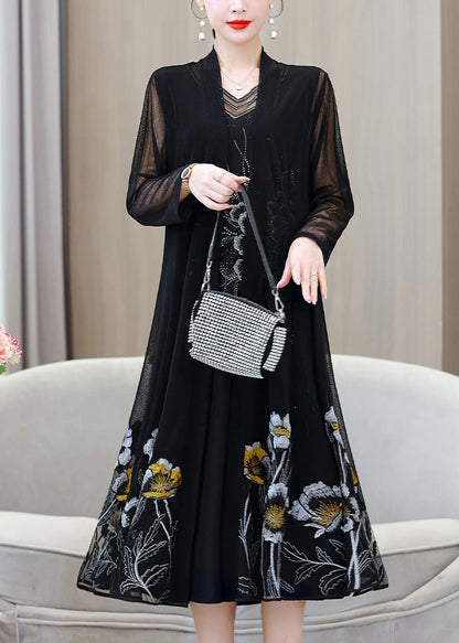 French Black V Neck Embroideried Ice Silk Long Sunscreen Cardigans Summer