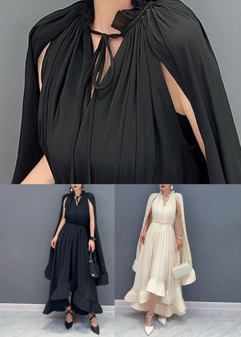 French Black V Neck Low High Design Vacation Chiffon Maxi Dresses Fall