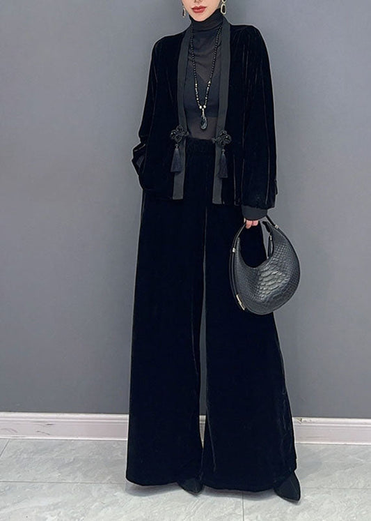 French Black V Neck Patchwork Button Silk Velour Coats and Wide Leg Pants Two Pieces Set Fall