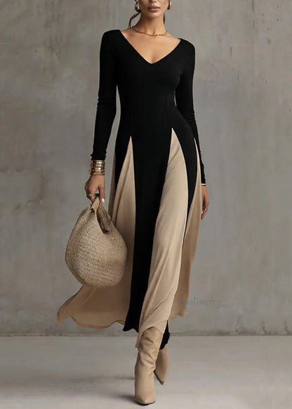 French Black V Neck Patchwork Cotton Long Dress Spring