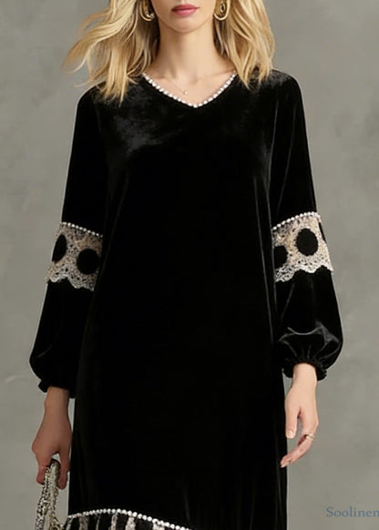 French Black V Neck Patchwork Silk Velvet Long Dress Spring