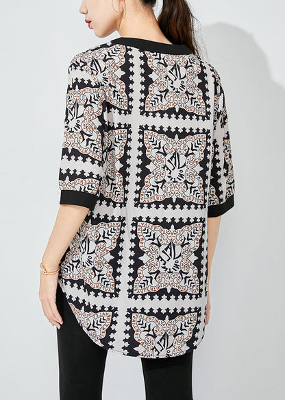 French Black V Neck Print Nail Bead Chiffon Blouses Half Sleeve