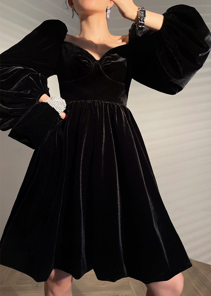 French Black V Neck Color Velour Mid Dress Lantern Sleeve