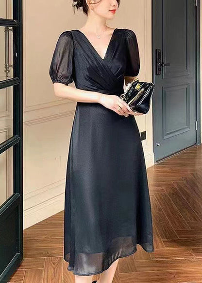 French Black V Neck Silk Long Dresses Summer