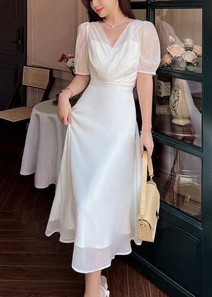 French Black V Neck Silk Long Dresses Summer