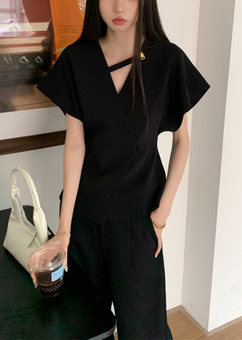 French Black V Neck Spandex Shirt Summer