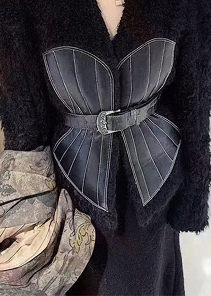 French Black V Neck Tie Waist Patchwork Leather and Fur Coats Spring