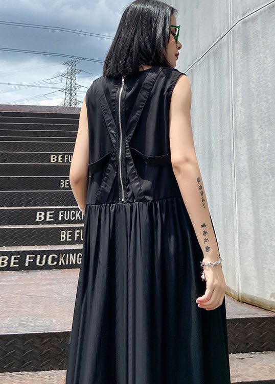 French Black V Neck Wrinkled Dress Sleeveless