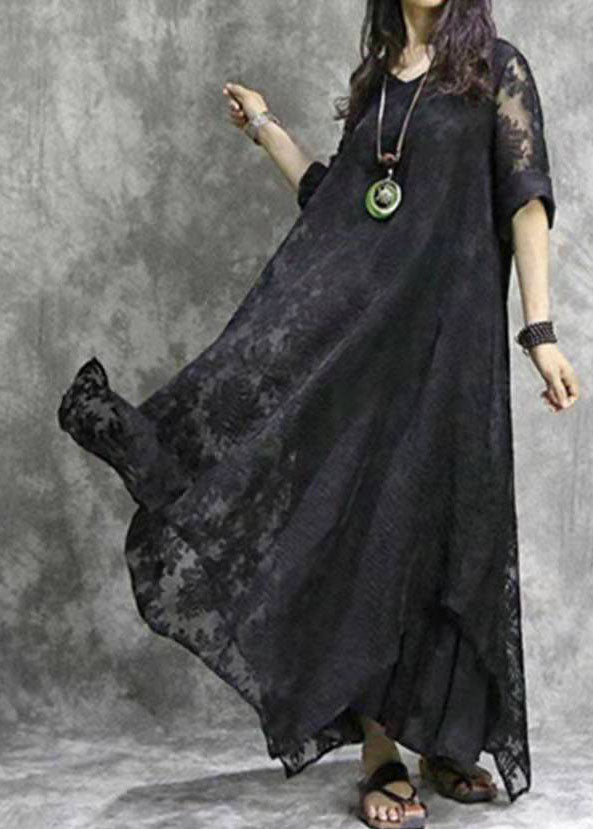 French Black V Neck Asymmetrical Design Dress Spring