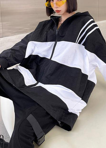 French Black White Cotton Cinched Zippered Hoodies Outwear Spring