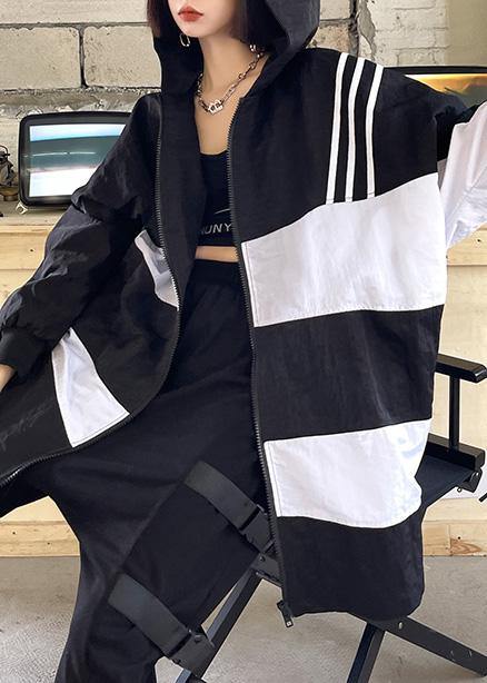 French Black White Cotton Cinched Zippered Hoodies Outwear Spring