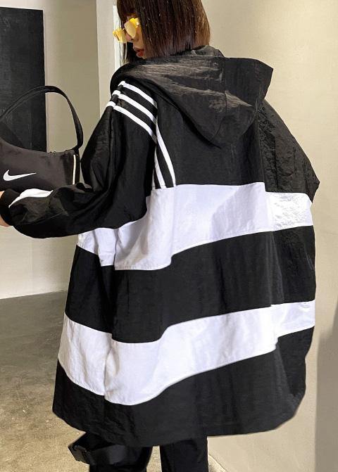 French Black White Cotton Cinched Zippered Hoodies Outwear Spring