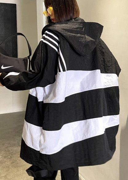 French Black White Cotton Cinched Zippered Hoodies Outwear Spring