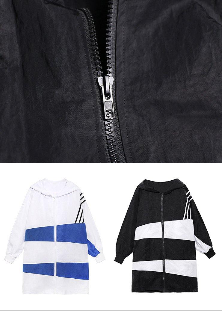 French Black White Cotton Cinched Zippered Hoodies Outwear Spring