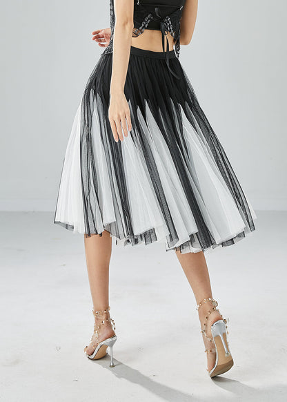 French Black White Patchwork Exra Large Hem Tulle Pleated Skirts Summer