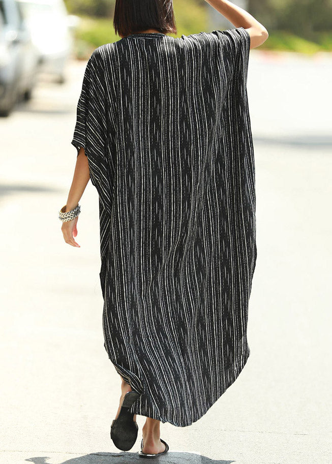 French Black White Striped O-neck Button Side Open Maxi Beach Dresses Short Sleeve