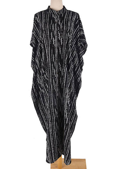 French Black White Striped O-neck Button Side Open Maxi Beach Dresses Short Sleeve