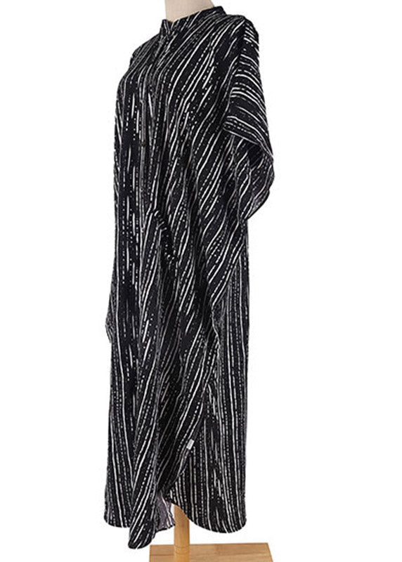 French Black White Striped O-neck Button Side Open Maxi Beach Dresses Short Sleeve