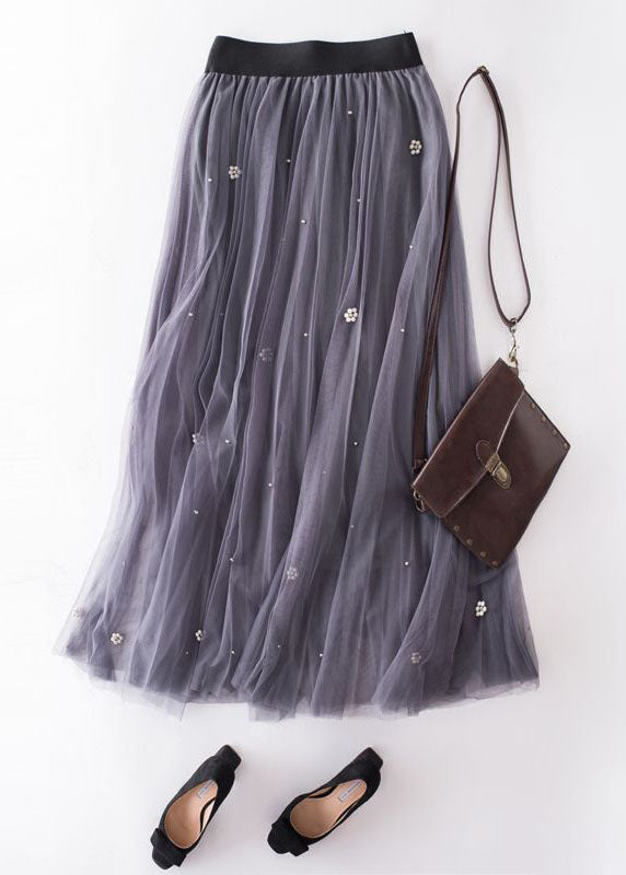 French Black Wrinkled Patchwork Nail Bead Tulle Skirt Spring