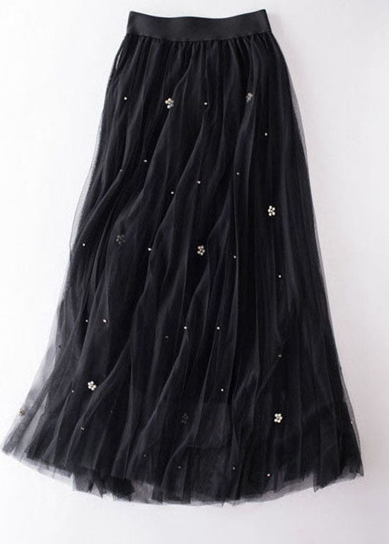 French Black Wrinkled Patchwork Nail Bead Tulle Skirt Spring