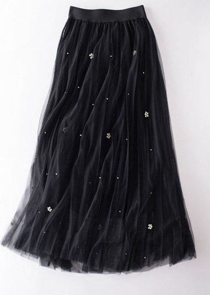 French Black Wrinkled Patchwork Nail Bead Tulle Skirt Spring