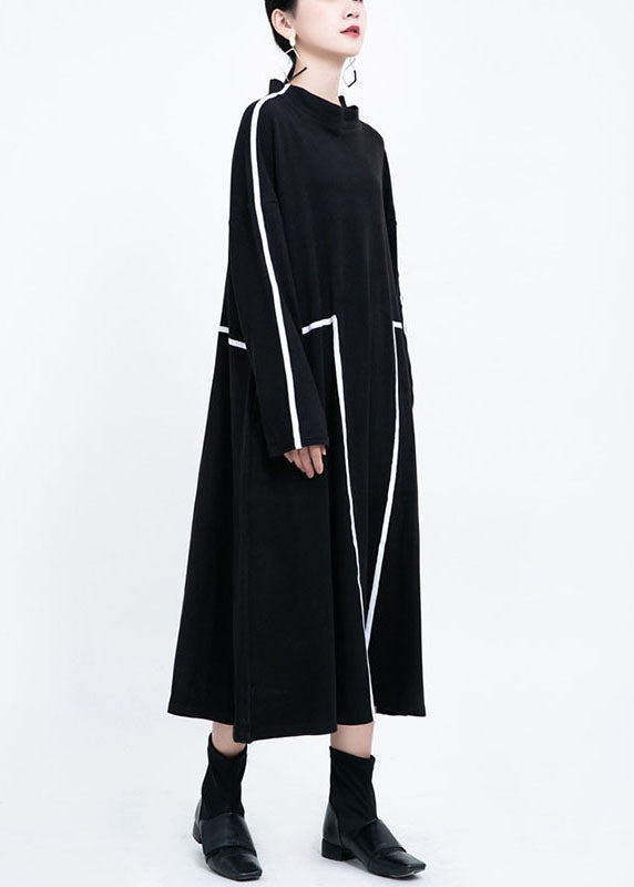 French Black Retro Patchwork Fall Long Dresses Long Sleeve