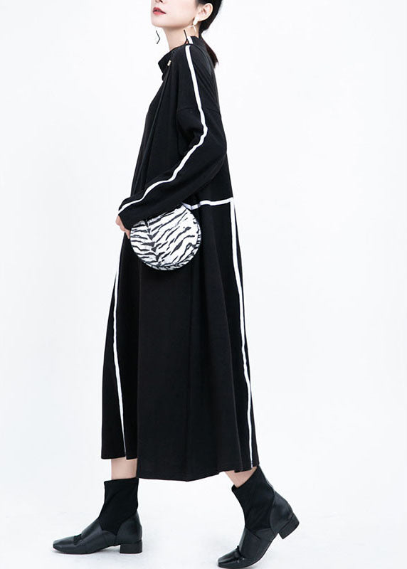 French Black Retro Patchwork Fall Long Dresses Long Sleeve