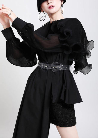 French Black tie waist Long sleeve Chiffon Shirt Tops