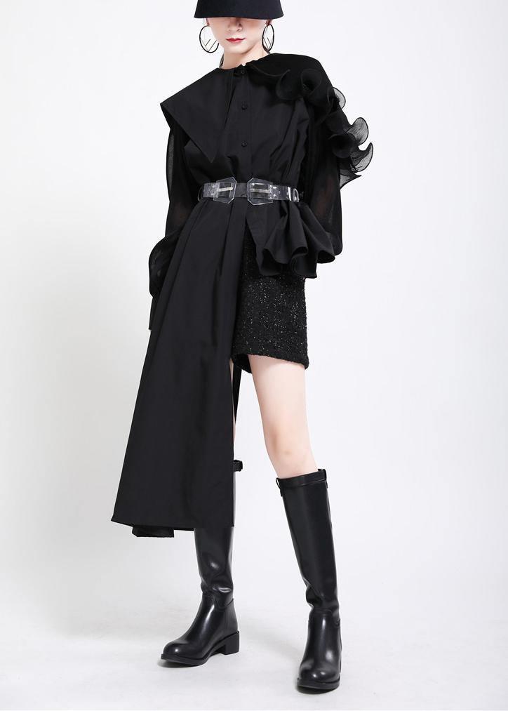 French Black tie waist Long sleeve Chiffon Shirt Tops