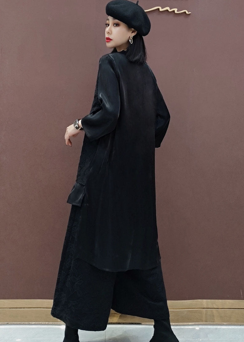 French Black Tie Waist V Neck Print Tops Wide Leg Pants Two Piece Outfit Spring