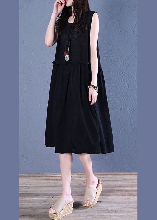 French Black Wrinkled Patchwork Linen Holiday Dress Sleeveless