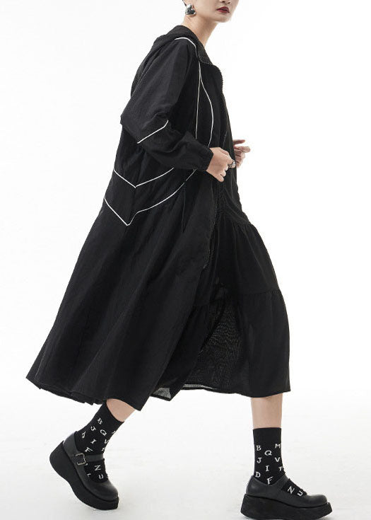 French Black Zippered Drawstring Hooded Trench Coats Spring