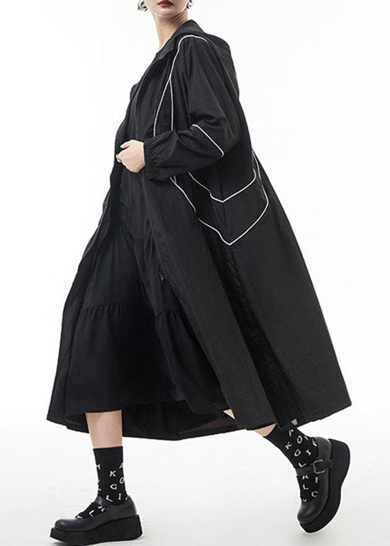 French Black Zippered Drawstring Hooded Trench Coats Spring