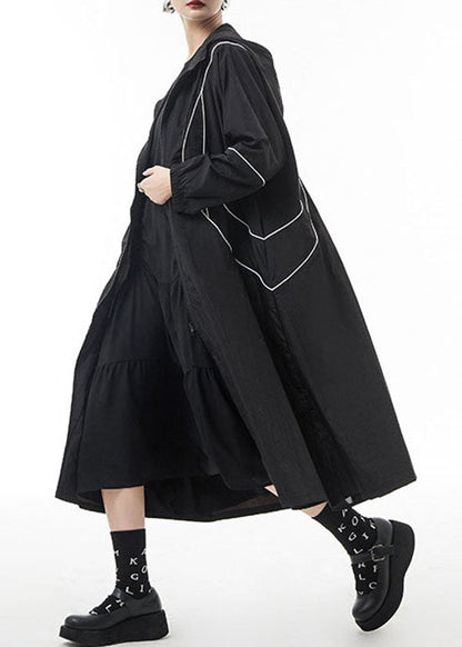 French Black Zippered Drawstring Hooded Trench Coats Spring