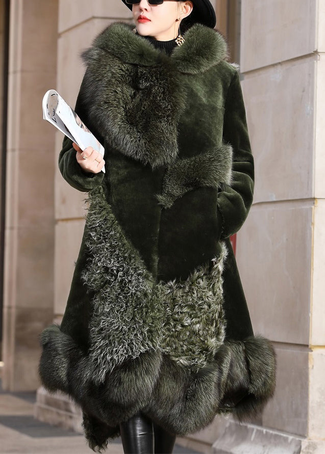 French Blackish Green Asymmetrical Fox Collar Patchwork Leather and Fur Coats Winter